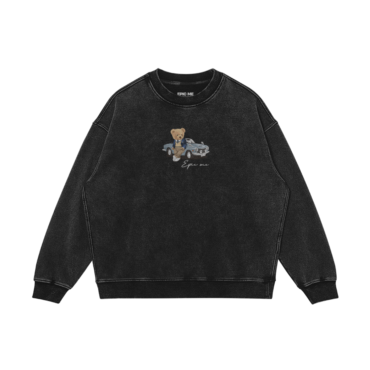 Sudadera estilo vintage oversize Teddy Drive vista frontal con diseño del oso y coche