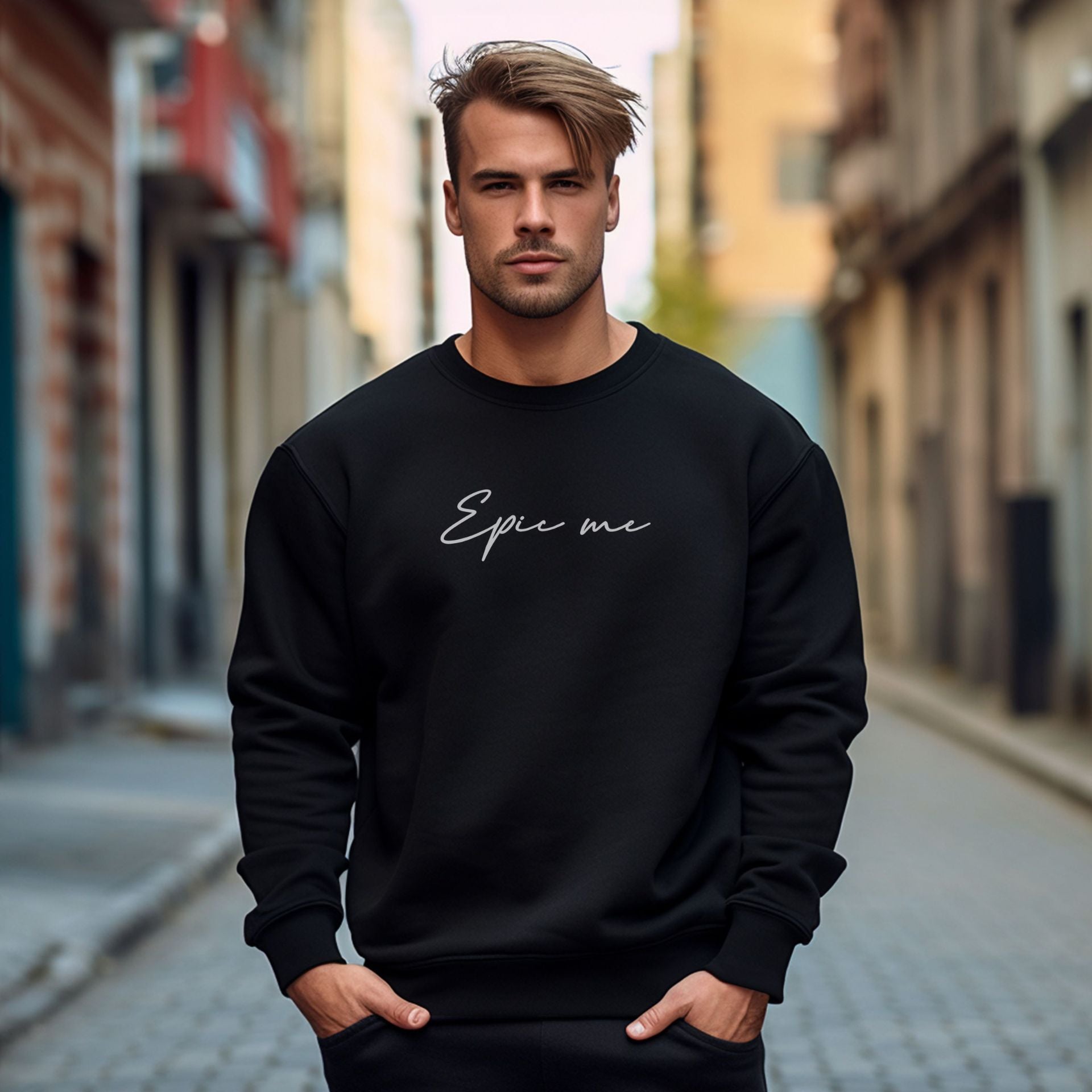 Sudadera sin capucha negra Epic Me bordada en look urbano callejero
