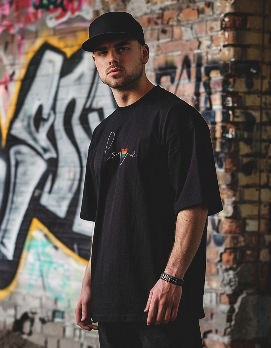 Camiseta streetwear negra oversize con bordado Love Pride