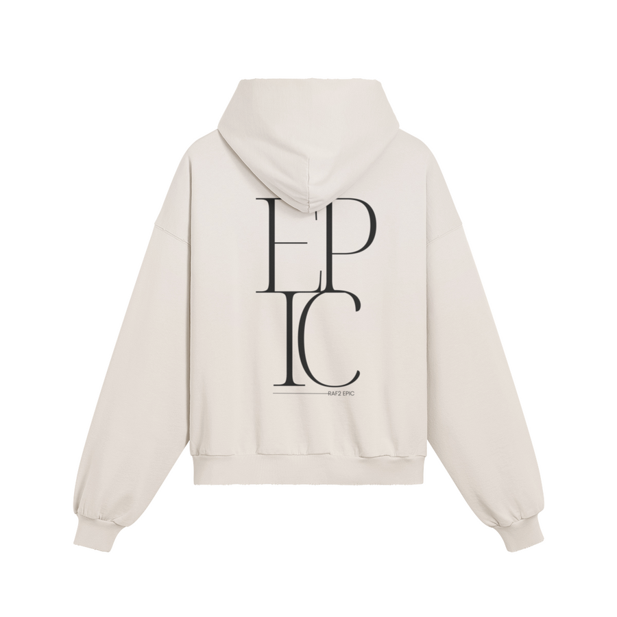 Sudadera retro color crema vista trasera sobre fondo blanco, con estampado EPIC.