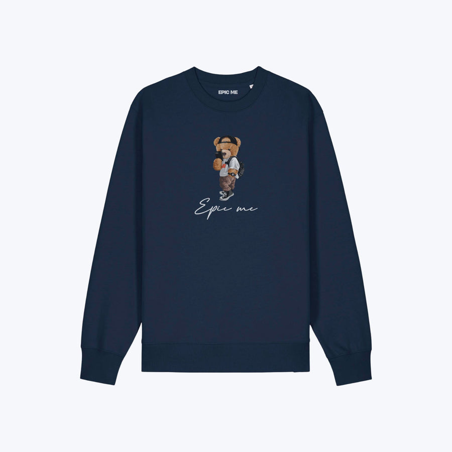 Sudadera sin capucha azul marino Epic Me Bear algodón orgánico vista frontal