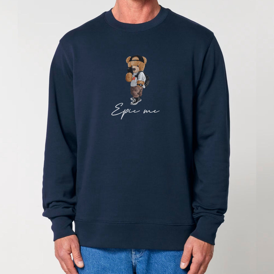 Sudadera sin capucha hombre azul marino con estampado Epic Me Bear vista frontal
