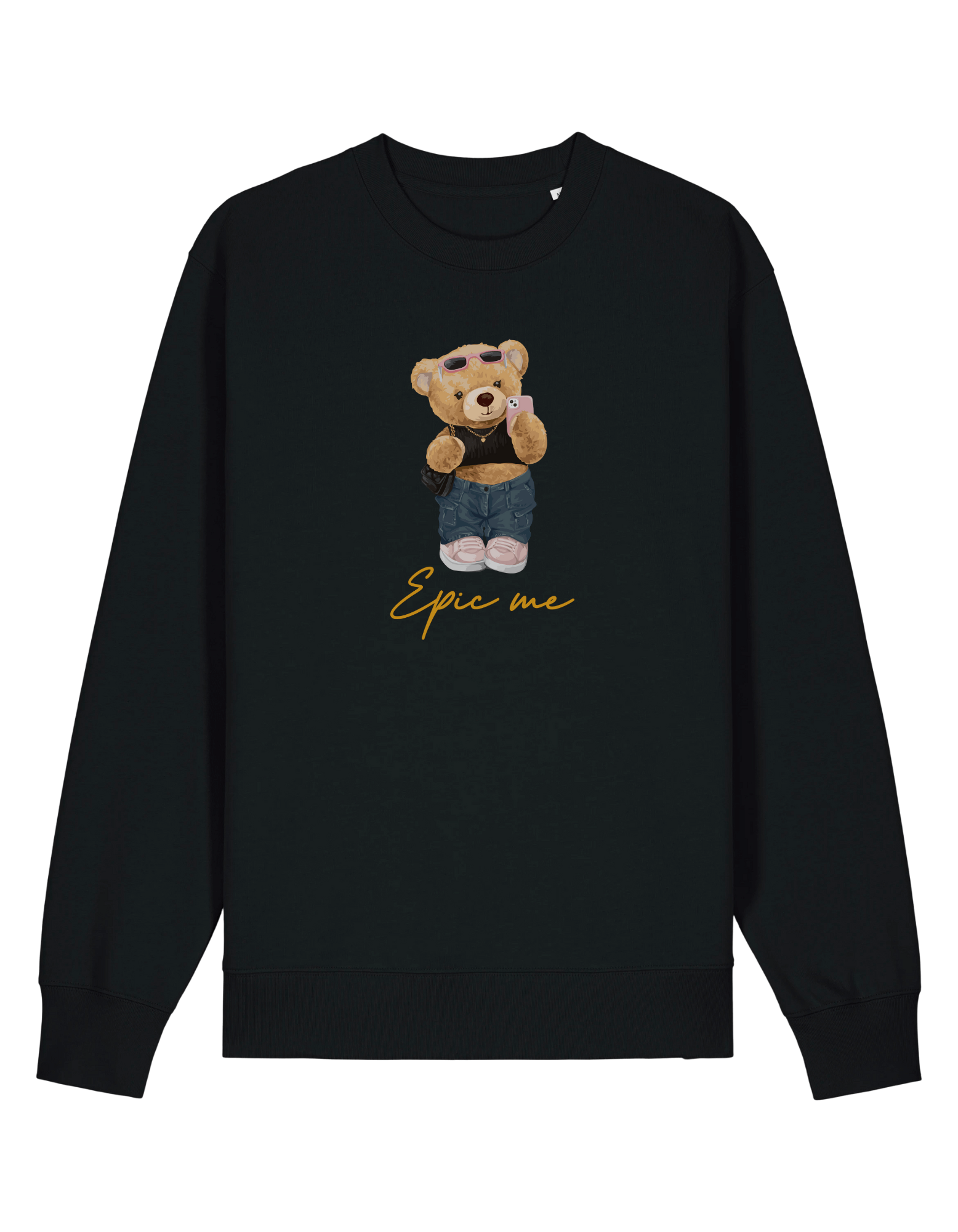Sudadera sin capucha negra Bear Epic Me con estampado de oso con gafas y móvil