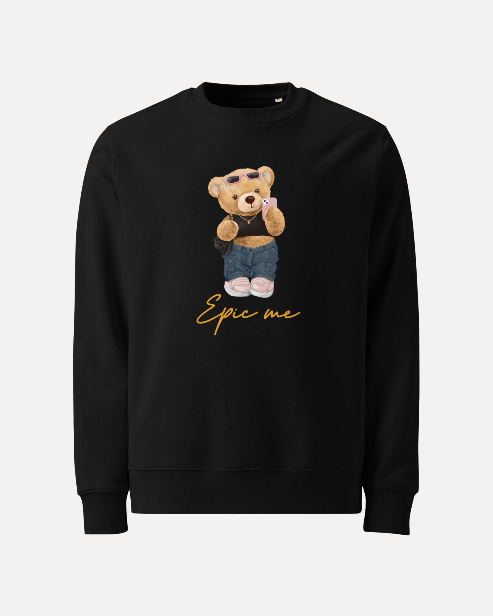 Sudadera sin capucha negra Bear Epic Me con estampado de oso con gafas y móvil