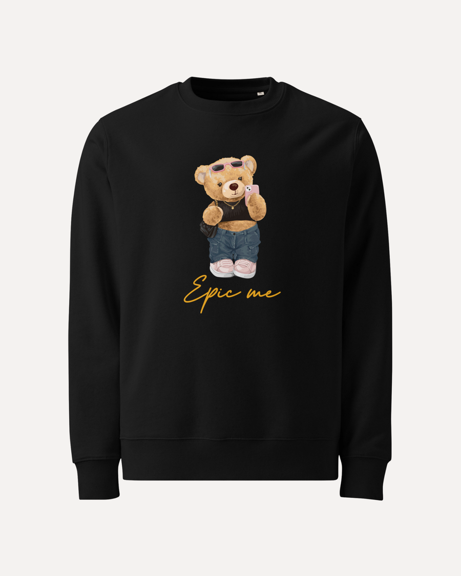 Sudadera sin capucha negra Bear Epic Me con estampado de oso con gafas y móvil